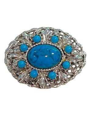 Vintage Silver-Tone Brooch With Faux Turquoise Cabochons & Crystal Accents